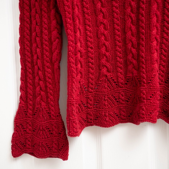Polo Ralph Lauren Red Cable Knit Sweater Sz L Crochet bottom V-Neck Flare Sleeve - Picture 3 of 4